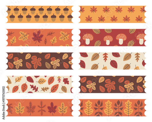 Autumn leaves and mushrooms illustration design elements with acorns and fall themed patterns