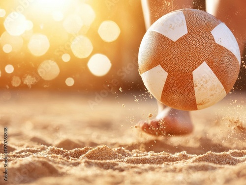 A beach soccer ball is kicked on sandy shore with bright sunlight and bokeh effects in the background.