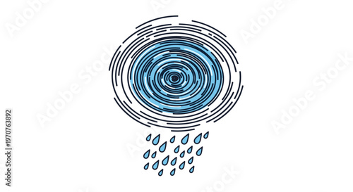 Creative abstract illustration of a blue swirling rain cloud with falling water droplets represents weather and nature concepts.