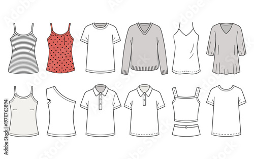 Collection of various clothing items for men and women in different styles  shirts and tops