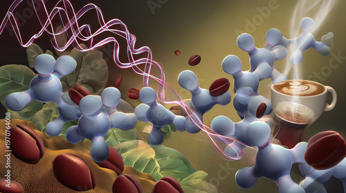 Surreal molecular structure with coffee-hued energy waves activating cells, depicting anti-aging research.
