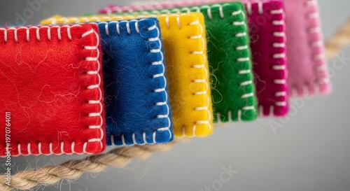 Close-up macro view of colorful felt flags hanging on a cord, highlighting soft fabric texture and stitching with off-center composition, depth of field, handmade, off-center