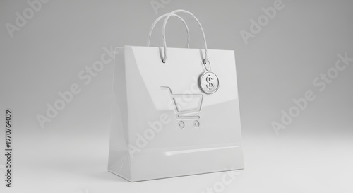 Minimalist white shopping bag with embossed cart icon, glossy paper gift bag for retail branding, luxury boutique packaging on gray background