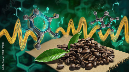 Surreal molecular structure with coffee-hued energy waves activating cells, depicting anti-aging research.
