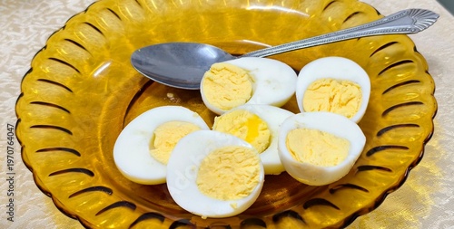 Konstfotografi A plate with halved hardboiled eggs