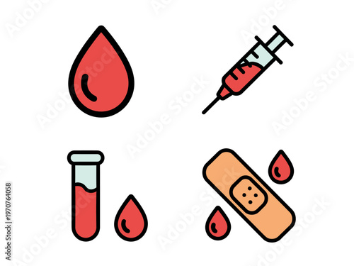 Medical icons including blood drop syringe test tube and band aid on white background