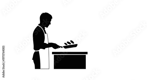 Man in apron cooking on stove with frying pan culinary skills kitchen work