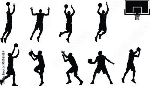 Basketball player silhouettes, dynamic action poses, dribbling, shooting, dunking, hoop and backboard, sports activity, athletic motion, fitness concept, team game