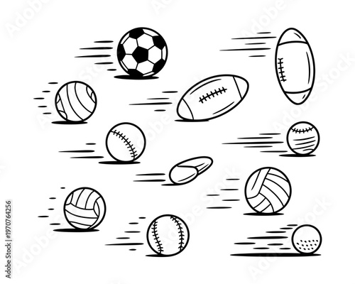 Various sports balls in motion on white background  soccer ball rugby ball