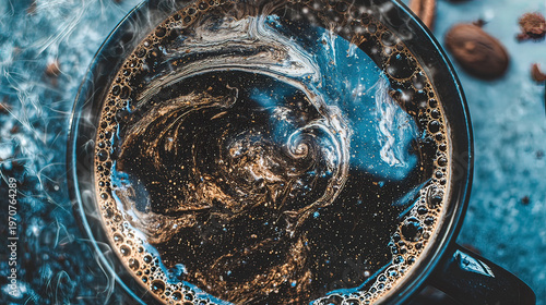 Surreal cup of coffee with swirling cosmic patterns inside, representing the hidden effects of daily ritual.
