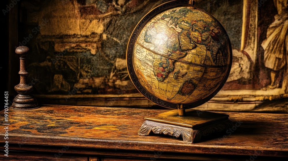 Fototapeta premium Detailed antique globe displayed on a wooden cabinet surface