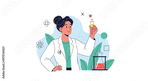 Young female scientist wearing a lab coat conducts a chemical experiment with a test tube and beaker in a laboratory setting.