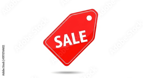 Red sale tag with white text, glossy promotional price label for retail discounts, hanging shopping voucher icon on white background
