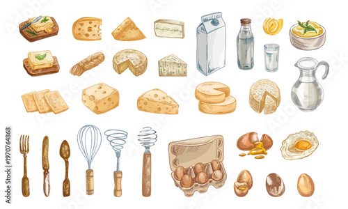 Hand drawn vintage sketch kitchen dairy food set with cheese butter milk eggs utensils detailed illustration collection