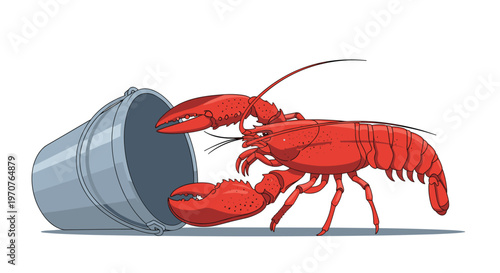 Large cooked red lobster with long antennae stands on a surface next to a tipped over silver metal bucket on white background.