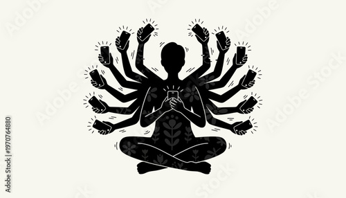 Meditating person with multiple arms sits in yoga pose symbolizing multitasking and inner peace