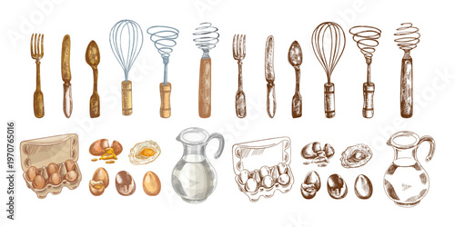 Hand drawn vintage sketch kitchen utensils eggs and milk set with carton whisk fork knife spoon color monochrome