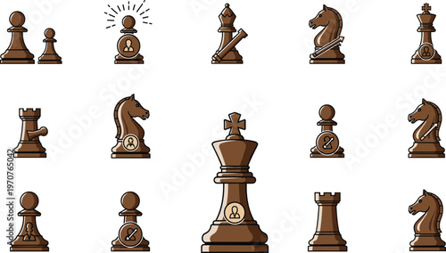 Chess Pieces Icon Set with Pawn, Knight, Rook, Queen, and King for Board Games, Strategy, and Puzzle Enthusiasts.