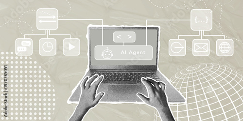 Diagram showing data flow and communication with cloud computing. Trendy halftone collage. Person using a laptop with an artificial intelligence agent interface