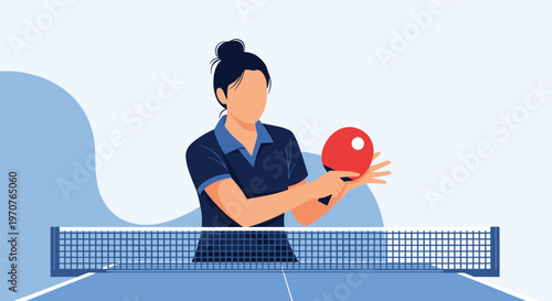 Determined woman in a dark blue polo shirt prepares to serve a red ball during a competitive table tennis match.
