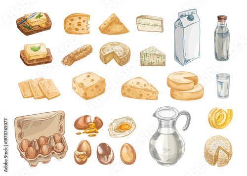 Hand drawn vintage sketch dairy food set with cheese butter milk eggs slices wedge carton bottle detailed illustration collection
