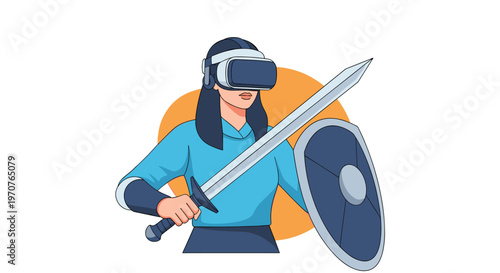 Young woman wearing a virtual reality headset holds a sword and shield while playing a deeply immersive action game.