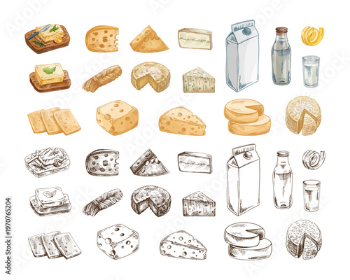 Hand drawn vintage sketch dairy food set with cheese butter milk slices blocks wedges color and monochrome collection