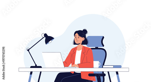 Young woman in an orange jacket works diligently on her laptop at a desk with a lamp and a cup of fresh hot coffee.