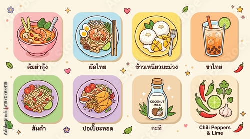 A vibrant collection of popular Thai dishes, desserts, drinks, and essential ingredients presented in a cute, illustrative style.
