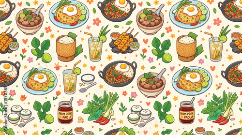 Seamless pattern featuring various traditional Thai food dishes, ingredients, and refreshing drinks in a vibrant, hand-drawn cartoon style.