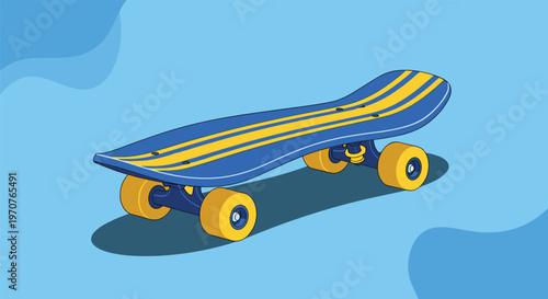 Stylish blue skateboard featuring bright yellow racing stripes and yellow wheels is shown on a blue background.