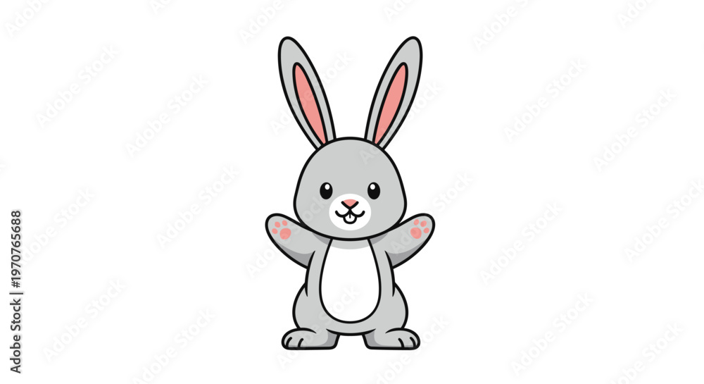 Obraz premium Adorable grey rabbit with long pink ears and tiny paws stands smiling in a simple and cute character illustration.