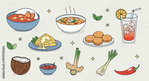A vibrant collection of hand-drawn Thai food dishes, fresh ingredients, and a refreshing drink, showcasing the rich culinary culture with a light and inviting illustration style.
