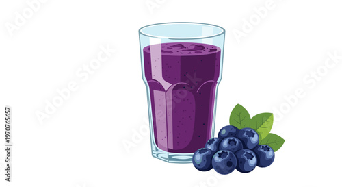 Tall glass of vibrant purple blueberry smoothie is served with a pile of fresh blueberries and green leaves.