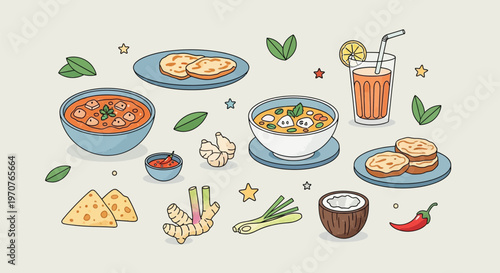 A vibrant illustration showcasing a variety of delicious Asian-inspired dishes, fresh ingredients like ginger and lemongrass, and a refreshing drink.