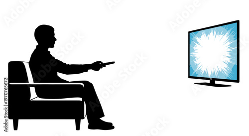 Man sitting on sofa watching tv with remote control in hand relaxing at home with glowing screen