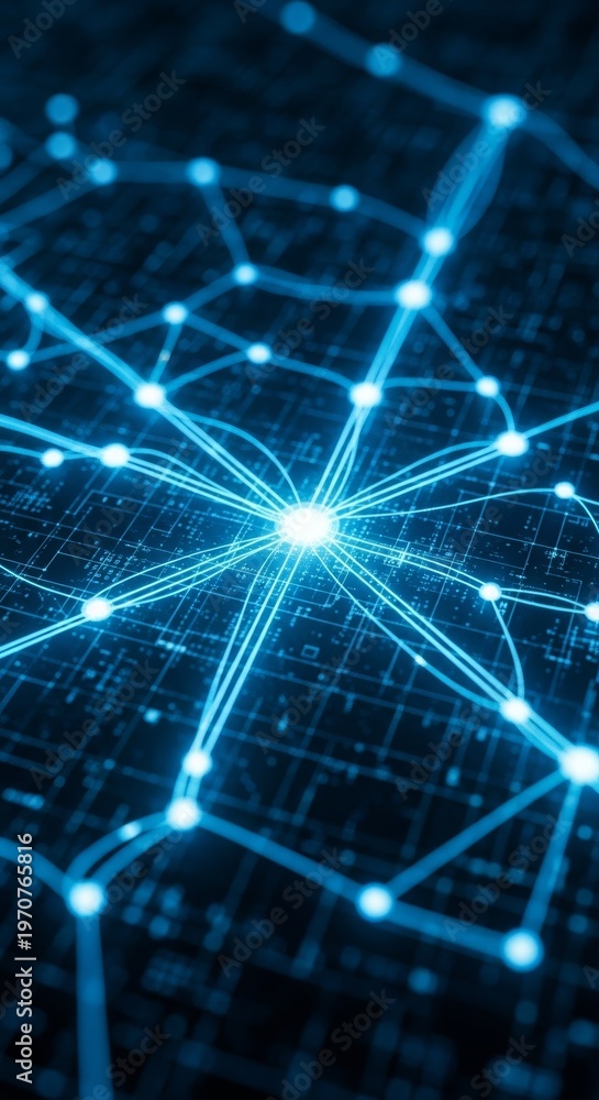 Fototapeta premium Glowing blue lines connecting digital nodes across a dark grid to represent high speed internet connectivity and complex server systems, nodes, technology, energy