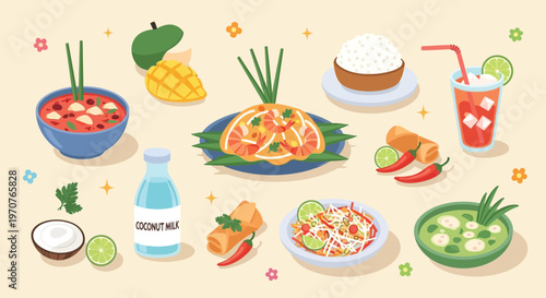 A vibrant collection of traditional Thai dishes and beverages, including soups, salads, rice, and refreshing drinks.