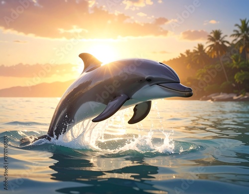 A dolphin jumps out of the water at sunset near a tropical coastline