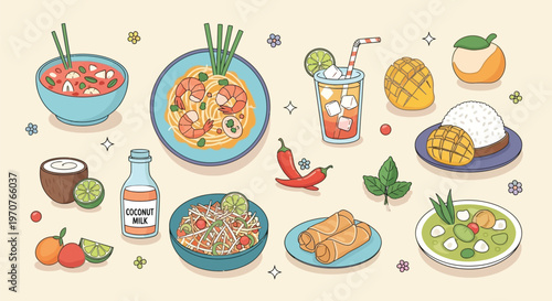 A vibrant collection of traditional Thai cuisine dishes, ingredients, and refreshing drinks in a charming cartoon illustration style.