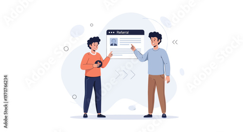 Two men discussing referral program on screen, business concept illustration