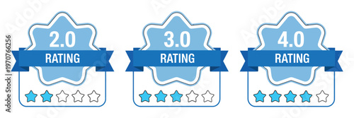 Blue Rating Badge Collection with Star Scores from 1.0 to 5.0, Flat Review Icons for Feedback, Customer Satisfaction, Quality Evaluation, Ranking System, Performance Metrics UI