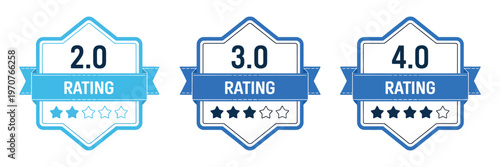 Blue Rating Badge Collection with Star Scores from 1.0 to 5.0, Flat Review Icons for Feedback, Customer Satisfaction, Quality Evaluation, Ranking System, Performance Metrics UI