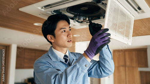 an HVAC technician performing maintenance on a ceiling-mounted cassette air conditioning unit.