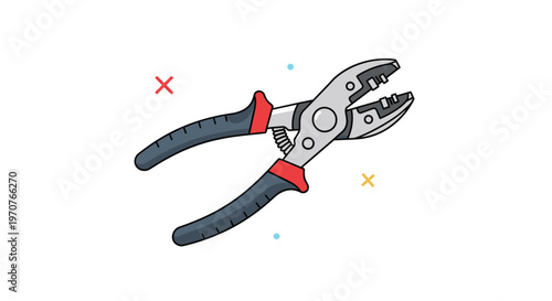 Professional wire stripper and crimping tool with red and black handles isolated on a white background with marks.