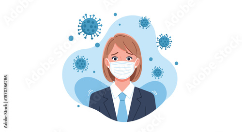 Concerned professional woman in a suit wearing a protective face mask with virus symbols floating around her in a blue space.