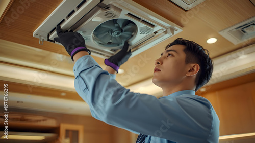 an HVAC technician performing maintenance on a ceiling-mounted cassette air conditioning unit.