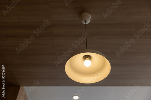 Minimalist ceiling lamp casting gentle light over wood panel ceiling