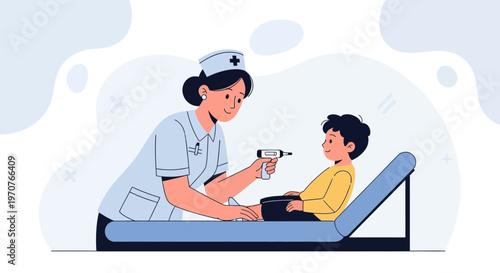 Nurse checking child's temperature with digital thermometer, medical checkup illustration