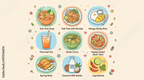 A collection of nine illustrated Thai food and drink dishes including Tom Yum Soup, Pad Thai, Green Curry, Mango Sticky Rice, and ingredients.